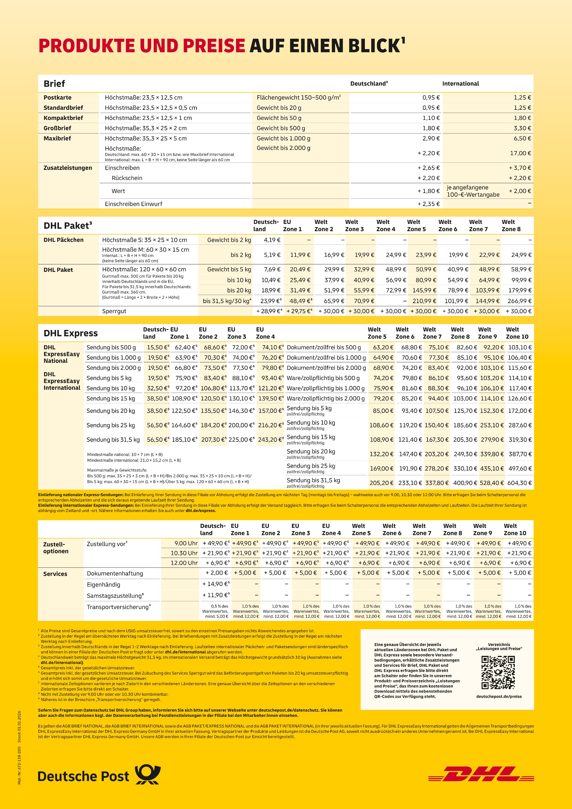 Deutsche Post Prospekt für Gießen: "PRODUKTE UND PREISE AUF EINEN BLICK", 1 Seite, 01.07.2025 - 30.09.2026